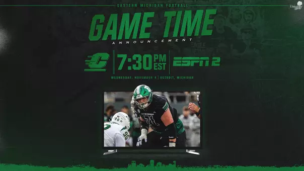 Football graphic showing Tyler Brumfield emerging from a television set and featuring the 7:30 p.m. kickoff time and ESPN2 logo for the EMU game with Central Michigan in Detroit