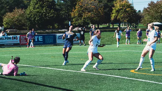 Annalyse Bauer and Kate Cerveny after Bauer's goal vs. Kent State, Oct. 4, 2026