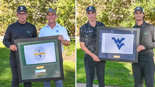 Vicente Quiroga (L), Robby Turnbull (second from R), and Felipe Suarez (R) pose with their trophies after sharing medalist honors at their respective tournaments, Oct. 5-6, at Nemacolin Resort.