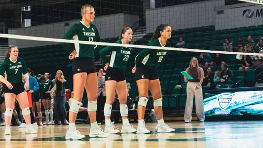 Taeley Mahler, AshleeKay Christensen, and Azra Eriç prepare for serve at net against CMU, Oct. 3, 2026