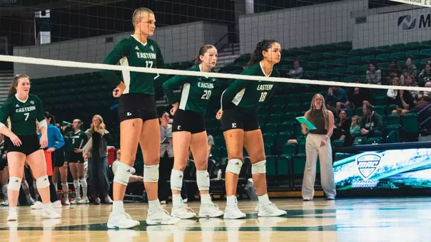 Taeley Mahler, AshleeKay Christensen, and Azra Eriç prepare for serve at net against CMU, Oct. 3, 2026