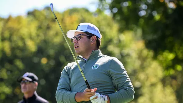 Vicente Quiroga watches his shot take flight at the Nemacolin Collegiate Invitational, Oct. 6, in Farmington, Pa.