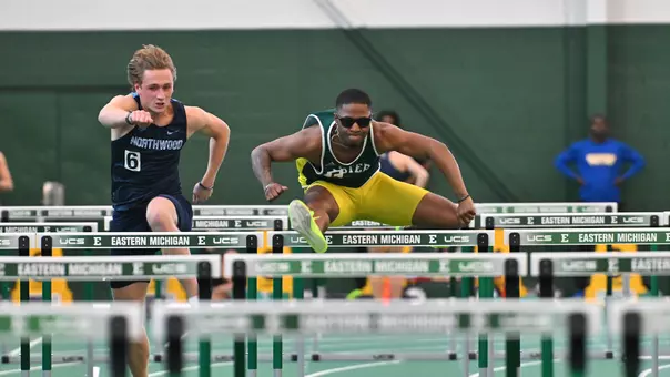 Michael Hawkins clearing a hurdle at Bob Parks Memorial Jan. 24, 2026