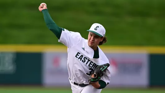 Michael Pfeiffer pitches at the 2025 MAC Baseball Tournament