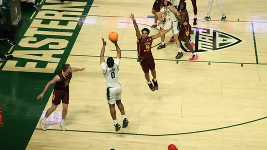 Gregory Lawson II shooting a three-point basketball shot against Central Michigan, Feb. 17, 2026