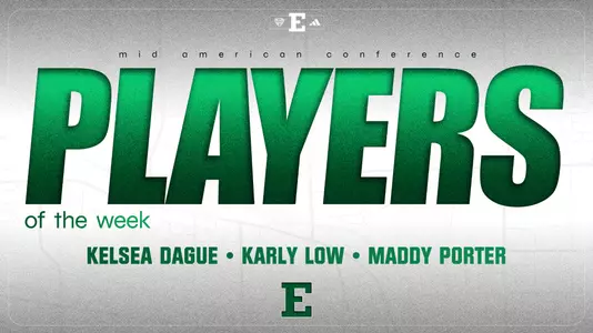 Graphic naming Kelsea Dague, Karly Low, and Maddy Porter MAC Lacrosse Players of the Week for Feb. 17