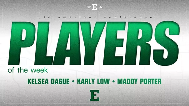 Graphic naming Kelsea Dague, Karly Low, and Maddy Porter MAC Lacrosse Players of the Week for Feb. 17