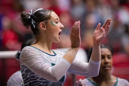 Analiah Solorio Cheering on Her Teammate On Floor At Ball State Meet
