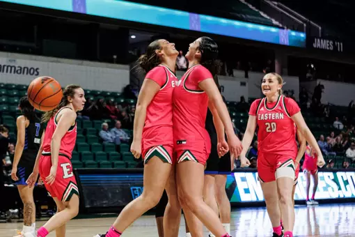 Alli Zajac and Brooklyn Thrash chest bump to celebrate a good play against Buffalo, Feb. 21, 2026
