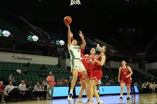 Fernanda Ovalle attempts a contested layup against Miami, Feb. 25