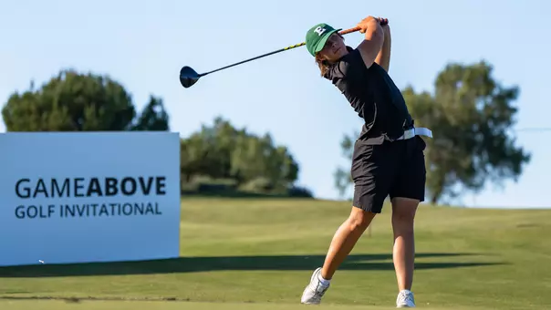 Savannah de Bock tees off at the inaugural GameAbove Golf Invitational in Rolling Hills Estates, Calif.