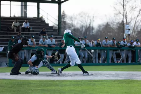 Devan Zirwas hits a home run against Michigan State in the 2026 EMU baseball home opener at Oestrike Stadium, March 10, 2026