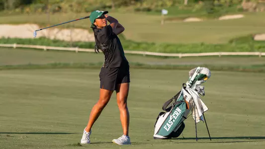 Janae Leovao stares down an iron shot into the green at the inaugural GameAbove Golf Invitational in Rolling Hills Estates, Calif.