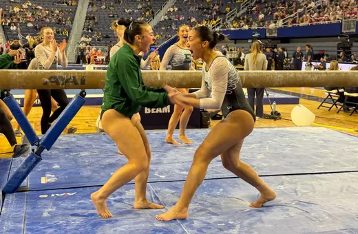 Kendall Landry and Gwen Cantu Celebrating After Beam