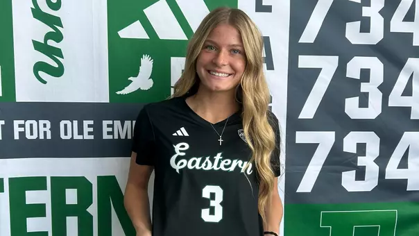 EMU signee Olivia Beaudrie poses for a photo on her official visit