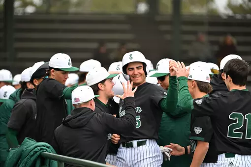 Devan Zirwas celebrates in the dugout after hitting a sacrifice fly against Central Michigan, March 29, 2026