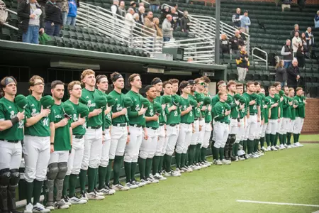 2026 EMU baseball team stands for the National Anthem at Hawkins Field before playing Vanderbilt, Feb. 17