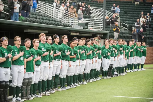 2026 EMU baseball team stands for the National Anthem at Hawkins Field before playing Vanderbilt, Feb. 17