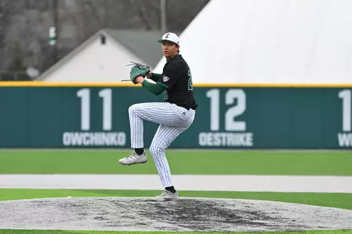 John Carmichael pitches at home against UMass, April 10, 2026
