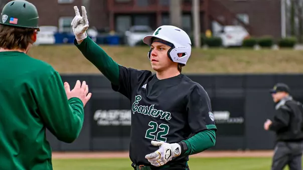 Nathan Borchardt celebrates to the bench after reaching base at Austin Peay in the 2026 season