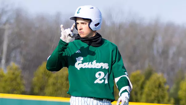 John Hale celebrates to the dugout in the 2026 season at Oestrike Stadium