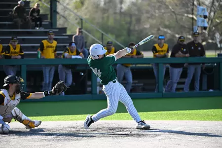 Tristan Crane swings the bat against Western Michigan at Oestrike Stadium, April 17, 2026