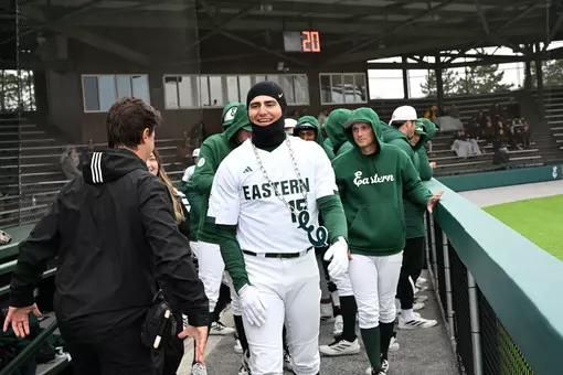 Devan Zirwas returns to the dugout celebrating his 12th home run of the 2026 season against Western Michigan, April 18, 2026