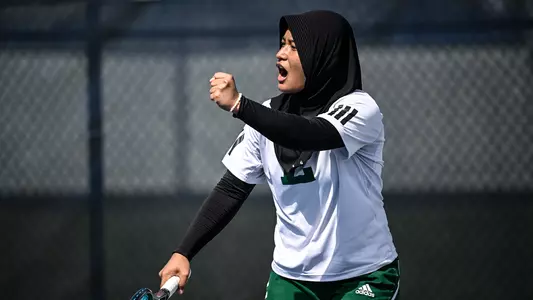 Cylova Zuleyka Hukmasabiyya pumps her first and screams after winning a point in a match at Stetson