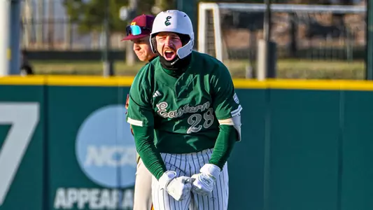 Ty Stecko celebrates against Central Michigan in the 2026 season at Oestrike Stadium