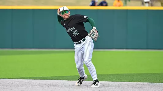 Ty Stecko throwing the baseball to first base in the 2026 season at Oestrike Stadium