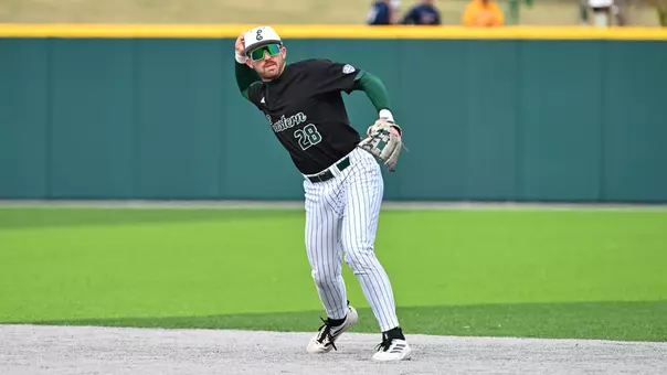 Ty Stecko throwing the baseball to first base in the 2026 season at Oestrike Stadium