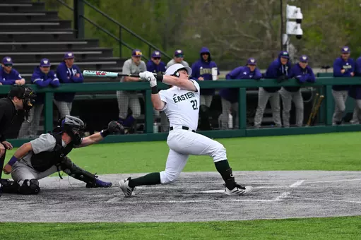 Nathan Borchardt swings the baseball bat to hit a home run against Washington at Oestrike Stadium, April 28, 2026