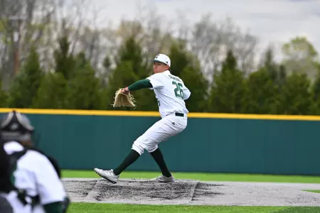 John Carmichael pitches the baseball against Bowling Green at Oestrike Stadium, May 1, 2026