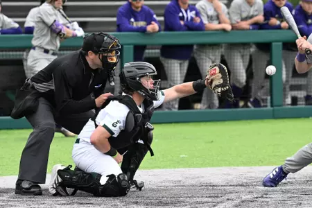 Nathan Borchardt prepares to catch a pitch against Washington at Oestrike Stadium, April 28, 2026