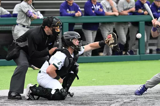 Nathan Borchardt prepares to catch a pitch against Washington at Oestrike Stadium, April 28, 2026
