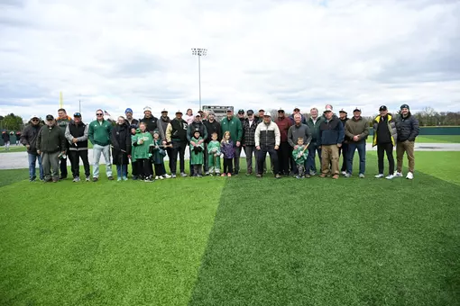 1976 EMU Baseball team and addiitonal alumni pose for a photo on 1976 CWS 50-Year Anniversary Celebration Day at Oestrike Stadium, May 2, 2026