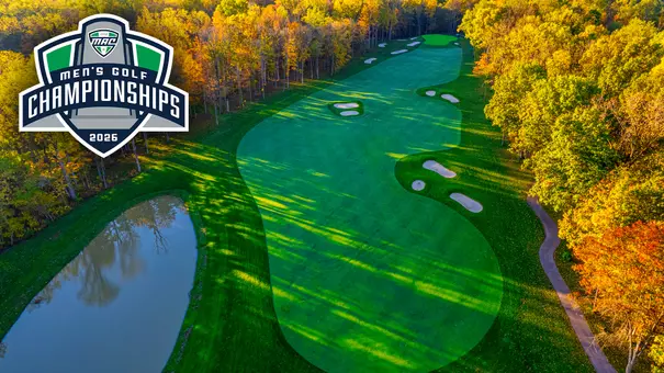 Holliday Farms green surrounded by fall-colored trees with the 2026 MAC Men's Golf Championships logo featured in the top left corner