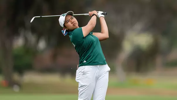 Baiyok Sukterm stairs down her shot from the fairway in the third round of the 2026 NCAA Championships in Carlsbad, Calif.