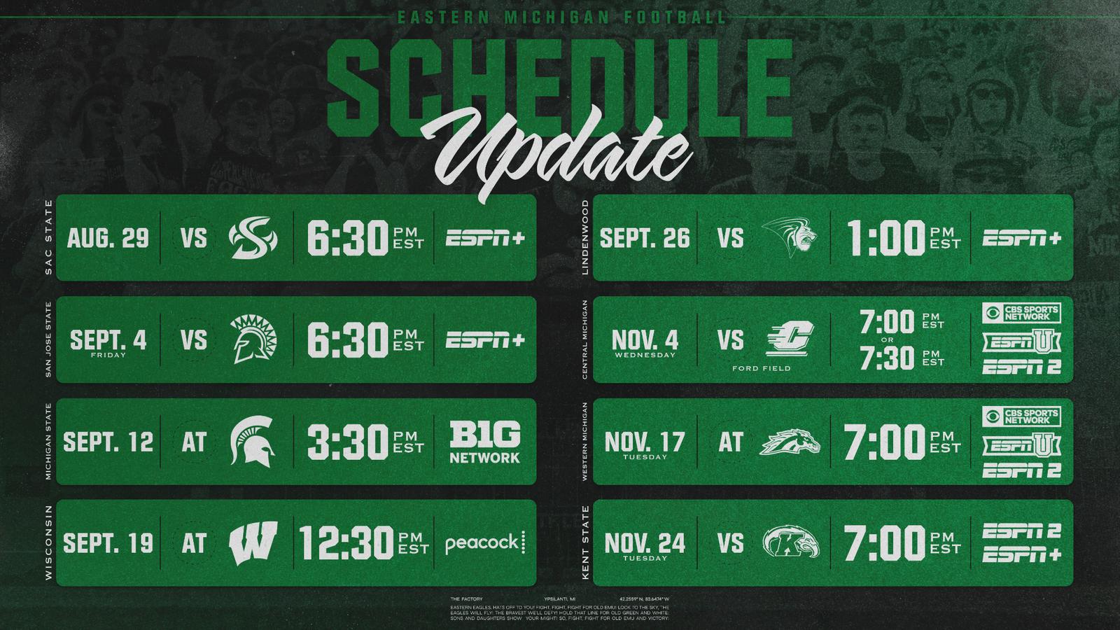 Kickoff Times, TV Set for Eight EMU Football Games - Eastern Michigan University Athletics
