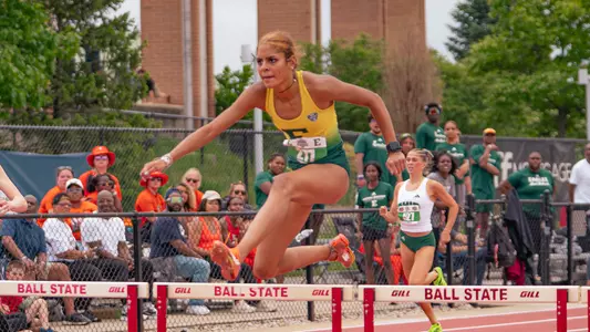 Liusmar Rivas Velasquez running the 400m hurdles at the MAC Outdoor Championships 2026