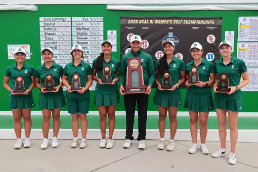 The Eastern Michigan women's golf team poses with the national semifinalist trophies at the 2026 NCAA Match Play Championship