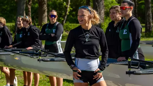 Eastern Michigan Rowing student-athlete Ellie Kissel smiles at the EMU Rowing Course at Ford Lake on a sunny day to celebrate Senior Day against the University of Dayton Flyers, May 3, 2026