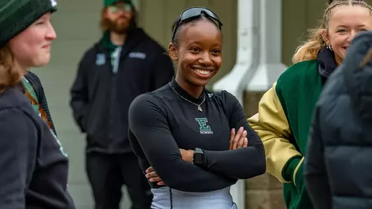 Eastern Michigan Rowing student-athlete Julia Maxwell smiles at the EMU Rowing Course at Ford Lake on a sunny day to celebrate Senior Day against the University of Dayton Flyers, May 3, 2026