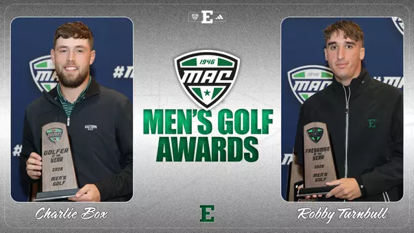 Graphic shows Charlie Box (left) and Robby Turnbull (right) holding their MAC Golfer of the Year and MAC Freshman of the Year trophies, respectively