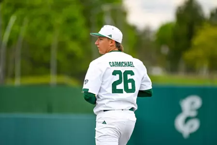 John Carmichael peers towards home plate as he prepares to throw a pitch against Bowling Green, May 1, 2026
