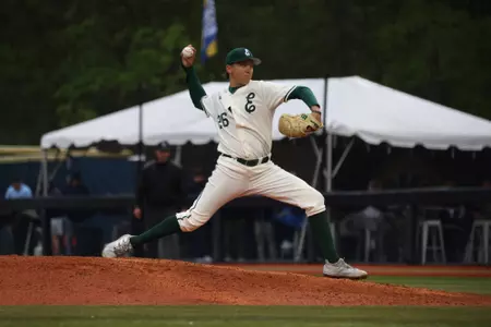John Carmichael pitches against Kent State at Schoonover Stadium, May 8, 2026