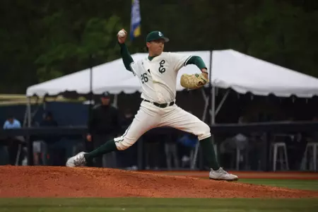 John Carmichael pitches against Kent State at Schoonover Stadium, May 8, 2026