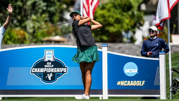 Janae Leovao watches her tee shot from the No. 13 tee at the Omni La Costa Resort during the NCAA Championships