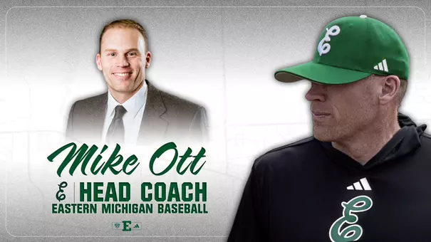 Graphic announcing the hiring of Mike Ott as head coach of the EMU baseball team featuring a headshot of Ott and a shot of him in an EMU hat and shirt in the dugout