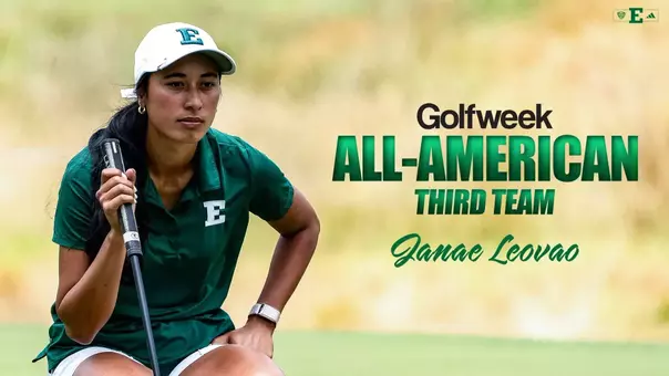 Janae Leovao studies the green ahead of a put at the NCAA Championships with the text of Golfweek All-American Third Team and her name appear on the right side of the image